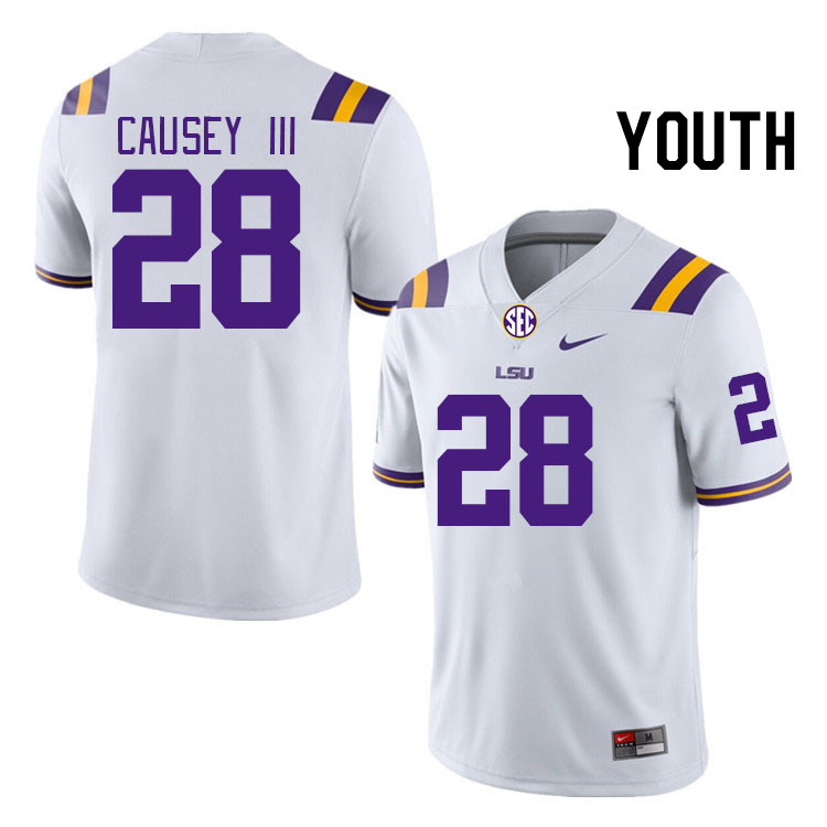 Youth #28 Bernard Causey III LSU Tigers College Football Jerseys Stitched-White